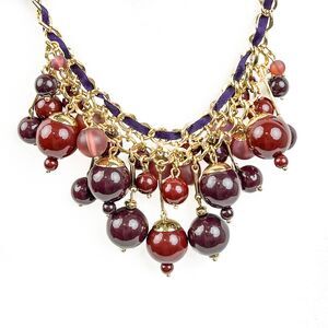 Talbots Beaded Cha Cha Necklace Burgundy Red Beads Ribbon In Gold Tone Chain